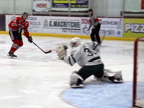 Tyler Mahan, pictured scoring against the Sherwood Park Crusaders in October, is the AJHL Player of the Week.