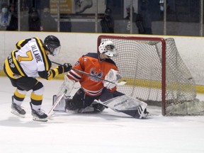 Soo Eagles forward Chase Taillaire scores a shootout goal against Soo Thunderbirds goalie Noah Metivier in NOJHL action at the John Rhodes Community Arena. The Thunderbirds have lost just four games in regulation this season.