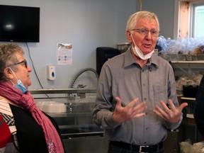 Sylvia Antinozzi, chair of the Community Christmas Day Dinner committee, and Robert Cunning ham, president of the North Bay Rotary Club, outline plans for the dinner this year at Memorial Gardens.
PJ Wilson/The Nugget