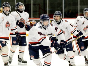 Rapids forward Spencer Borg, centre, leads teammates, from left, Owen Ethier, Anthony Pileggi, Josh Russell and Chase Lefebvre to the French River bench in celebration of his fifth goal of the season during the first period of Friday night’s NOJHL game at the McIntyre Arena. The Rapids hung on to upset the Timmins Rock 4-3. THOMAS PERRY/THE DAILY PRESS