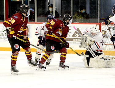 Timmins Rock forward Nicholas Frederick got his stick on this rebound in front of the French River net during the first period of Friday night’s NOJHL contest at the McIntyre Arena, but he wasn’t able to get it past Rapids goalie Cole Sheffield on the play. Sheffield stopped 42 of the 45 shots he faced to backstop the Rapids to a 4-3 win over the Rock. THOMAS PERRY/THE DAIILY PRESS