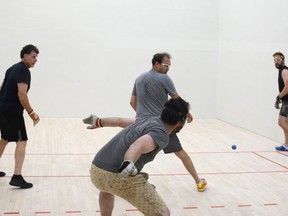 Competitors take part in doubles play at the recent White Owl Open Handball (4-wall) Tournament at the Glen Allen Recreation Complex. Photo Supplied