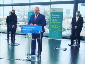 Ontario’s rest stops such as Highway 401’s ONroute just west of Trenton will see the installation of new electric vehicle (EV) fast chargers, announced Todd Smith, Minister of Energy and Bay of Quinte MPP, at the King City ONroute Wednesday.