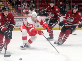 Soo Greyhounds forward Rory Kerins and Guelph Storm defender Cam Allen in OHL first-period action at the GFL Memorial Gardens on Friday night. The Hounds scored five first-period goals in a 7-2 win over the Storm. Kerins scored two goals and assisted on two others, his third four-point game of the season.