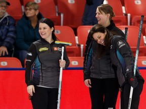 Team Scheidegger, skipped by Cheryl Bernard (right), celebrates their win over Team Jones during 2019 Home Hardware Canada Cup play at Sobey's Arena in the Leduc Recreation Centre in Leduc, on Wednesday, Nov. 27, 2019.