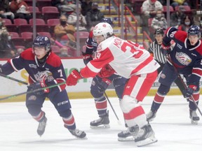 Soo Greyhonds forward Ethan Montroy in recent OHL action against the Saginaw Spirit. On Wednesday, the OHL announced the make-up dates for three Greyhounds games that were cancelled due to a COVID-19 outbreak within the Sudbury Wolves hockey club.