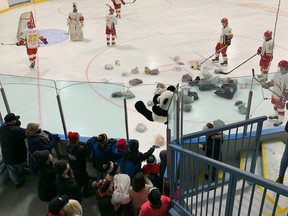 After the Lancers first and only goal, children watching the game were excited to throw bagged donations of pajamas and stuffed animals out on the rink. SUBMITTED