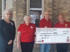 Crime Stoppers of Grey Bruce group received $500 from the Kincardine Legion. L-R: Cyndy Nash, Margaret Visser, Dave Dechene 1st Vice Pres./Charity, Bob Fletcher Legion President and Morley Lymburner. SUBMITTED