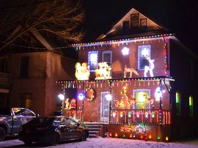 Houses lit up like this one on Douro Street will be judged for environmental elements, innovation, curb appeal and creativity during this year’s Light Up Stratford contest. (Galen Simmons/The Beacon Herald)