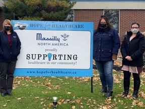 Massilly North America is partnering with the Brant Healthcare System Foundation to raise funds for the redevelopment of the emergency department at Brantford General Hospital. In the photo are: Massily president Garnet Lasby, executive assisant Karen Engelhart and account co-ordinators Kristy Maslen and Amber Dunphy. Submitted