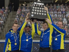 Sherwood Park’s Brendan Bottcher (left) opted to cut ties with third Darren Moulding (second from left) on Friday, prompting a war of words. CURLING CANADA/MICHAEL BURNS/File Photo