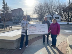 Manager of 100 Women Who Care Foothills Julie Boake (left), presented a cheque for $11,220 to Andrea Taylor and Shirley Crawford (past Board member) of the Solace Grief Support Society.