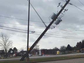 A damaged pole on London Road is shown in this photo Bluewater Power posted Saturday on Twitter.