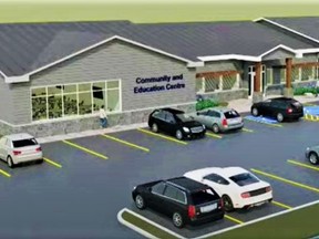 Humane Society Hastings Prince Edward board chair Donna Endicott and Marilyn Lawrie, executive director, praised Belleville city council Monday in a deputation for earlier approving a $400,000 grant as well as a $1 million loan guarantee to help the free-standing organization build anew as illustrated in this aerial architectural drawing of the new facility.