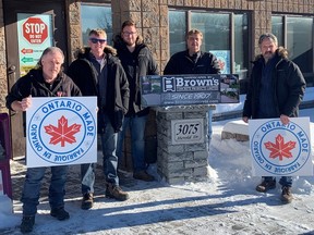 Standing outside the Brown’s Concrete Products office are, from left, Jeff McFadyen, Chris Whitman, Taylor Wyman, Ken Scott and Marino DiGiacomantonio.