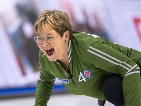 Team Saskatchewan skip Sherry Anderson calls to her sweepers in draw sixteen action, the Scotties Tournament of Hearts 2021, the Canadian Women’s Curling Championship. Anderson picked up her fourth senior national title with a 10-4 win over Team B.C. at Canadian Seniors Curling Championship in Sault Ste, Marie.