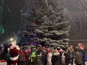 Santa Claus invites all of the children to surround the tree for a few Christmas songs followed by a countdown to the lights being turned on in Tiverton on Friday, December 3. Hannah MacLeod/Kincardine News
