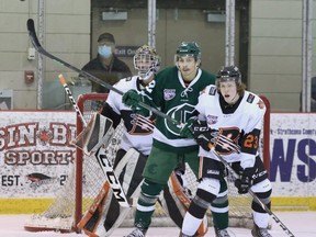 The Sherwood Park Crusaders continued their struggles with the Lloydminster Bobcats on Wednesday, falling 6-2. Photo courtesy Target Photography