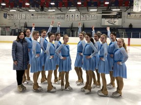 The Pre-Novice Synchronized Skating Team (The High River Dreamers) at the High River Skating Club with their coach Shaelyn Case .