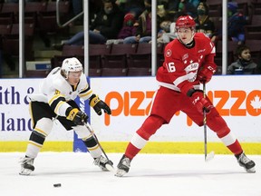 Soo Greyhounds’ forward Landen Hookey sends a pass away from Sarnia Sting’s Nolan Dann in the first period at Progressive Auto Sales Arena in Sarnia on Nov. 28. Hookey and his teammmates dropped a 4-3 overtime road decision to the Windsor Spitfires on Thursday.