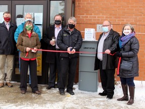 The Sundridge-Strong Union Public Library ribbon-cutting ceremony featured, from left, Sundridge Mayor Lyle Hall, Bill de Vries, a community member and library patron, Melinda Kent, the library's Chief Executive Officer and head librarian, Charles Cooper, a member of the Ontario Trillium Grant's local grant review team, Parry Sound-Muskoka MPP Norm Miller cutting the ribbon, library chair and Coun. Rev. Fraser Williamson and Jean Wanless, vice-chair of the library board.
Penny Erven Photo