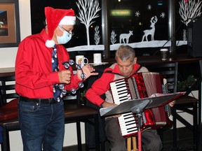 Frank Nucara joins Carmine Riciutti at Twigg's Coffee Roasters in downtown North Bay for the annual show for the North Bay Santa Fund.
PJ Wilson/The Nugget