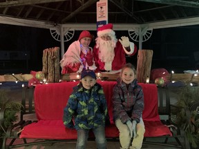 Brayden (4) and Jocelyn (6) VanDyke were first in line to visit Santa at Lewis Park on Sunday, December 12. Hannah MacLeod/Kincardine News
