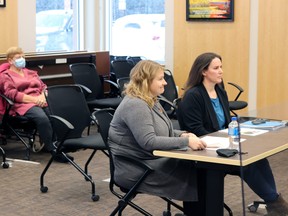 Community members Sherry Jeffreys and Tammy Ethier spoke in support of Sangudo Community School Tuesday. The school will remain open for 2022-23.