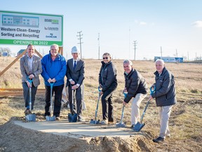 OPG held their ground-breaking ceremony on Thursday, December 16, for the Western Clean-Energy Sorting and Recycling (WCSR). The new facility will be built at the Bruce Energy Centre industrial park in Kincardine, Ontario, in 2022.  Ontario Power Generation (OPG) will operate this facility, sorting and segregating low-level materials from OPG’s nuclear operations, in order to support enhanced the three Rs – reduce, reuse, recycle. The project is a collaboration among OPG, Laurentis Energy Partners and Dancor Construction. When completed, the facility will be 42,000 square feet and employ 25 people.
L-R: Jason Wooland of OPG; Kincardine Councillor Dorne Fitzsimmons; James Lauritsen, Managing Direcotr of Laurentis Energy Partners; Dancor Construction VP Steve Rambajan; Pat O’Connor (representing MP Ben Lobb); and Kincardine Deputy Mayor Randy Roppel. OPG photo/John White