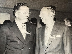 Each a legendary hockey broadcaster in his own right, Bill Kutschke and Foster Hewitt no doubt share a little shop and hockey talk with the moment captured and appearing in the Pembroke Observer in the late 1960's.