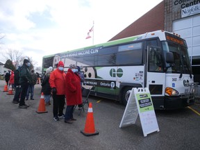 The GO-VAXX COVID-19 mobile vaccine clinic in Courtland had its allotment of 240 doses filled early on Monday morning. (Chris Abbott/Norfolk and Tillsonburg News)