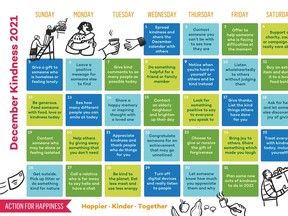 The December Kindness calendar suggests various acts of kindness that residents can practice throughout December and onwards. Action For Happiness Website.