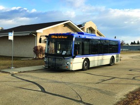 Bus 570 at the Devon Community Centre enroute the Edmonton International Airport Outlet Mall. Image supplied by Justin Janke.