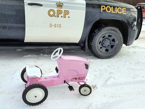 A pink tractor given to a young Central Frontenac girl on Wednesday.