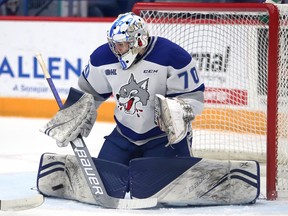 Sudbury Wolves goalie Mitchell Weeks makes a save during OHL action against the Barrie Colts at Sudbury Community Arena on Sunday, November 28, 2021.