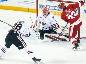 Soo Greyhounds goaltender Tucker Tynan in action against Greyhounds forward Rory Kerins back in 2019.  The Greyhounds released a statement regarding online accusations made recently that the newly -acquired goaltender was involved in a bookmaking operation. None of these allegations have been proven.  Julie Jocsak