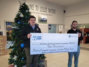 Cole and Zach Leslie donate $10,000 to the Wingham District Hospital Foundation. SUBMITTED