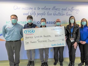 Toyotetsu of Simcoe this week pledged $100,000 over four years to Norfolk General Hospital’s Road to Recovery campaign. On hand for the event were, from left, Toyotetsu assistant vice president Edward Bilopavlovic, Toyotetsu vice president Makoto Tanaka, Toyotetsu president Katsutoshi Takagi, NGH’s director of clinical diagnostic services Leigh McFadden, NGH Foundation executive director Penny Bellhouse, and Toyotetsu’s assistant general manager of administration Charlene Ewing. – Contributed photo