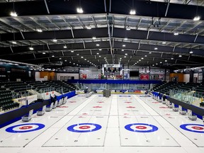 The ice surface at Stride Place was all set for some of Canada's best curlers before the announcement from Curl Canada that the Mixed Doubles Trials were cancelled due to COVID-19. (Photo by Wendy Calvert)