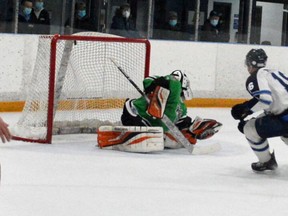 Saugeen Shores Winterhawks’s Andy Mitchell went to the top corner on Ripley’s goalie with 5.4 seconds left to give the Winterhawks a 5-4 advantage heading to the third period. It would not hold – the Hawks lost 6-5 in OT. [Submitted]