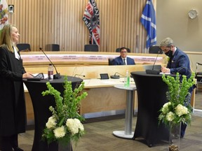 Presided by Justice Dawn Pentelechuk, an official swearing-in ceremony was held on Tuesday, Oct. 26 for the incoming 2021-2025 Strathcona County council. With almost 58 per cent support, Rod Frank was re-elected as Strathcona County's mayor during the Oct. 18 municipal election. Photo Supplied