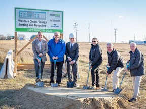 A ground-breaking ceremony took place Thursday for OPG's proposed new Western Clean-Energy Sorting & Recycling facility in Kincardine. Pictured, from left to right, are: Jason Wooland of OPG; Kincardine Coun. Dorne Fitzsimmons; James Lauritsen, managing director of Laurentis Energy Partners; Dancor Construction vice-president Steve Rambajan; Pat O’Connor, representing Huron-Bruce MP Ben Lobb; and Kincardine Deputy-mayor Randy Roppel. SUPPLIED