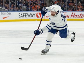 Toronto Maple Leafs’ T.J. Brodie (78) scores on Edmonton Oilers goaltender Mikko Koskinen (19) during the second period at Rogers Place in Edmonton on Tuesday, Dec. 14, 2021. (Photo by Ian Kucerak)