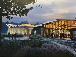 Artistic rendering of the visitor centre -- with roof supported by entire cut trees -- proposed to be built as part of an intended transformation of the Saugeen First Nation amphitheatre site. (Supplied)