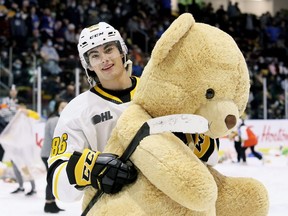 Nolan Burke celebrates after scoring the Sarnia Sting's first goal against the Kitchener Rangers during the annual teddy bear toss game at Progressive Auto Sales Arena in Sarnia, Ont., on Sunday, Dec. 5, 2021. Mark Malone/Chatham Daily News/Postmedia Network