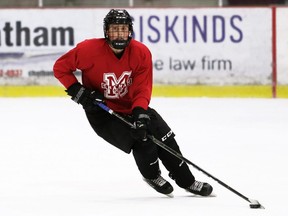 Newly acquired defenceman Bryar Dittmer practises with the Chatham Maroons at Chatham Memorial Arena in Chatham, Ont., on Thursday, Dec. 9, 2021. Mark Malone/Chatham Daily News/Postmedia Network