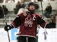 Chatham Maroons co-captain Cameron Welch celebrates a goal against the St. Marys Lincolns in the second period at Chatham Memorial Arena in Chatham, Ont., on Sunday, Dec. 19, 2021. Mark Malone/Chatham Daily News/Postmedia Network