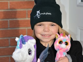 Della Barr-Chalmers, 6, poses with two of her rehabilitated stuffed animals (the unicorn on the left had an injured wing she fixed out of cardboard) at her Mitchell home. For the last 10 months, the Grade 1 student has been assisting "injured" stuffed animals and over that time period, collected $420 she donated to the Out of the Ashes large animal sanctuary in Sebringville. ANDY BADER/MITCHELL ADVOCATE