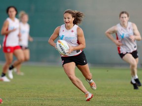 Canada's Breanne Nicholas takes part in a training session prior to the Dubai Emirates Airline Rugby Sevens 2021 women's competition on Nov. 30, 2021. (Mike Lee - KLC fotos for World Rugby)