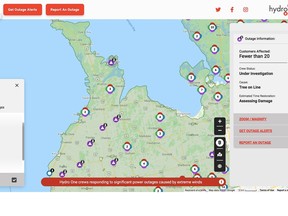 Screen shot of Hydro One outage map of Grey-Bruce Monday, Dec. 13, 2021. Nearly 40,000 customers lost power during the weekend storm.